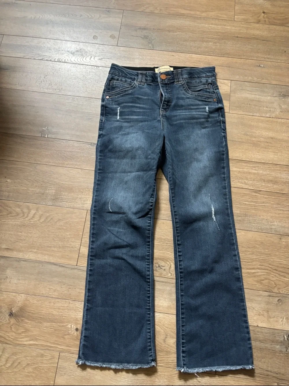 Democracy Dark Wash Flare Jeans with Subtle Distress